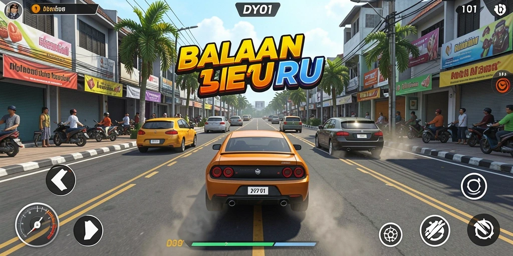 Screenshot utama DY01 menampilkan mobil beraksi di trek balap yang menegangkan.