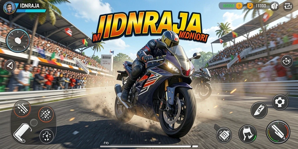 Tampilan gameplay balapan motor yang mendebarkan di IDNRAJA.