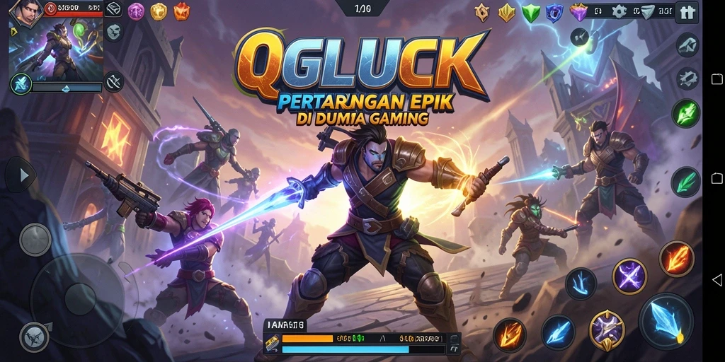 Screenshot utama gameplay pertarungan QGLUCK yang seru dan dinamis.