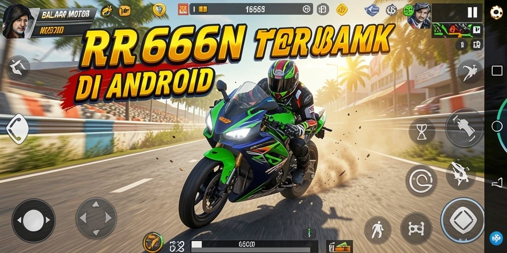 Screenshot gameplay RR666 menampilkan balapan motor yang mendebarkan.