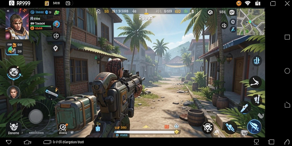 Screenshot utama menunjukkan aksi intens dalam permainan FPS RR999.