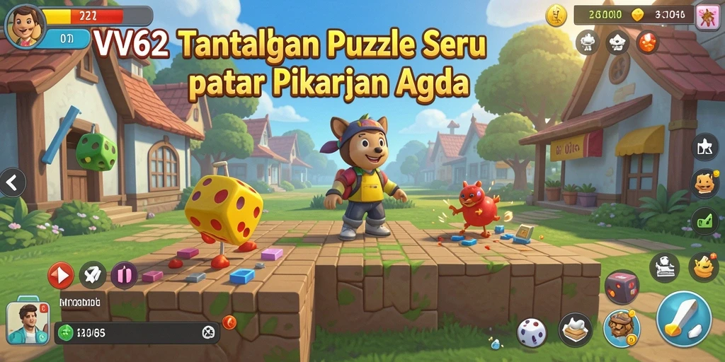 Screenshot utama VV62 menunjukkan gameplay menantang yang penuh warna.