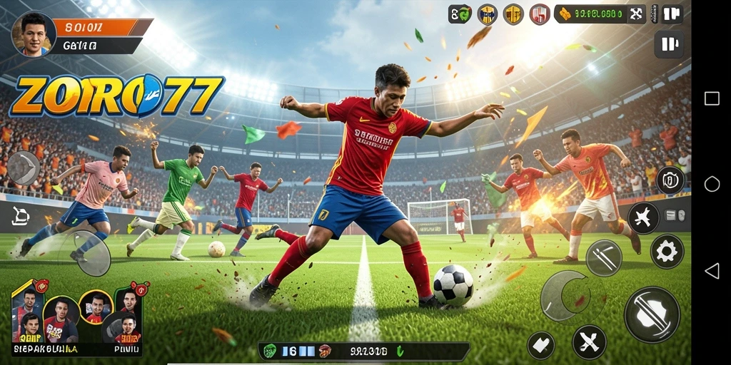Tampilan gameplay ZORO77 dengan aksi sepak bola yang mendebarkan.